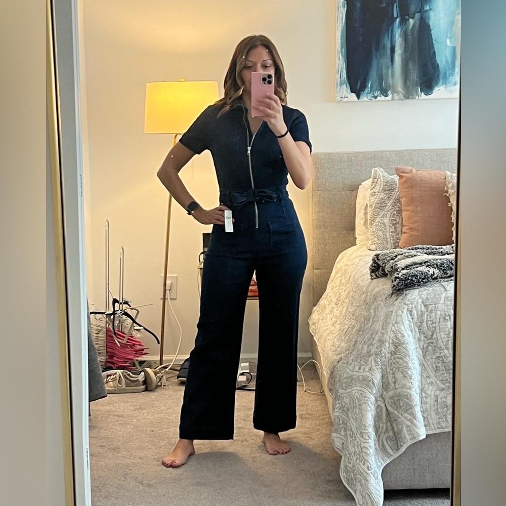 Anthropologie Maeve Colette Denim Zip-Front Short Sleeve Jumpsuit size 0